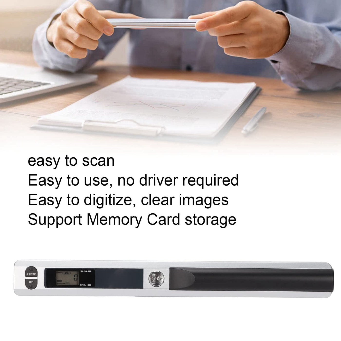 Tragbarer Scanner, Kompakter Mobiler Dokumentenscanner, Fotoscanner für A4 Dokumente, Bilder, Seiten, Texte in 300 600 900 DPI, PDF/JPG Format, Unterstützt TF Kartenspeicherung(Silber schwarz)