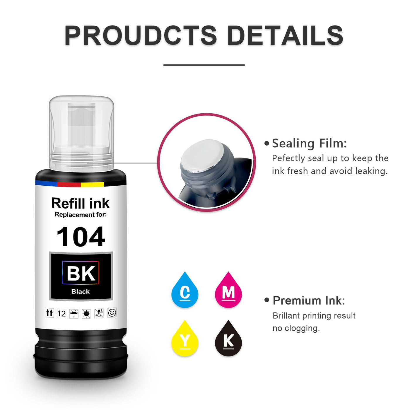 Uniplus Tinte 104 ET-2870 ET-2810 ET-2820 ET-1810 ET-2720 ET-2840 ET-2826 Druckerpatronen Kompatibel für Epson 104 Multipack Refill Kompatibel für Epson Ecotank ET-2830 ET-2821 ET-4800 ET-4700 ET-2714