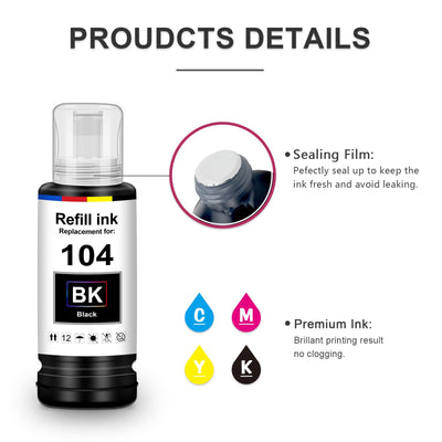 Uniplus Tinte 104 ET-2870 ET-2810 ET-2820 ET-1810 ET-2720 ET-2840 ET-2826 Druckerpatronen Kompatibel für Epson 104 Multipack Refill Kompatibel für Epson Ecotank ET-2830 ET-2821 ET-4800 ET-4700 ET-2714