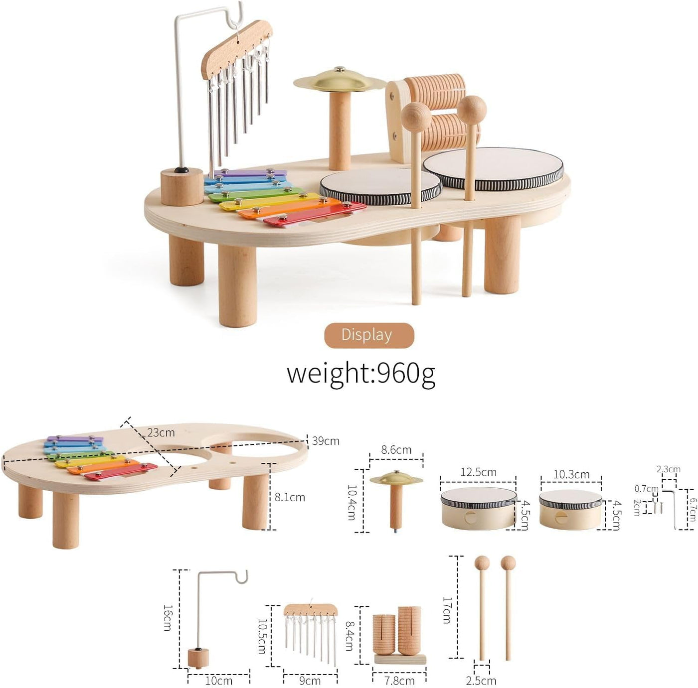 Mamimami Home Musikinstrumente für Kinder ab 1 Jahr ,Trommel Set ,Montessori Lernspielzeug Schlagzeug Mit Xylophon Baby Holz,7 In 1,Musical Spielzeug