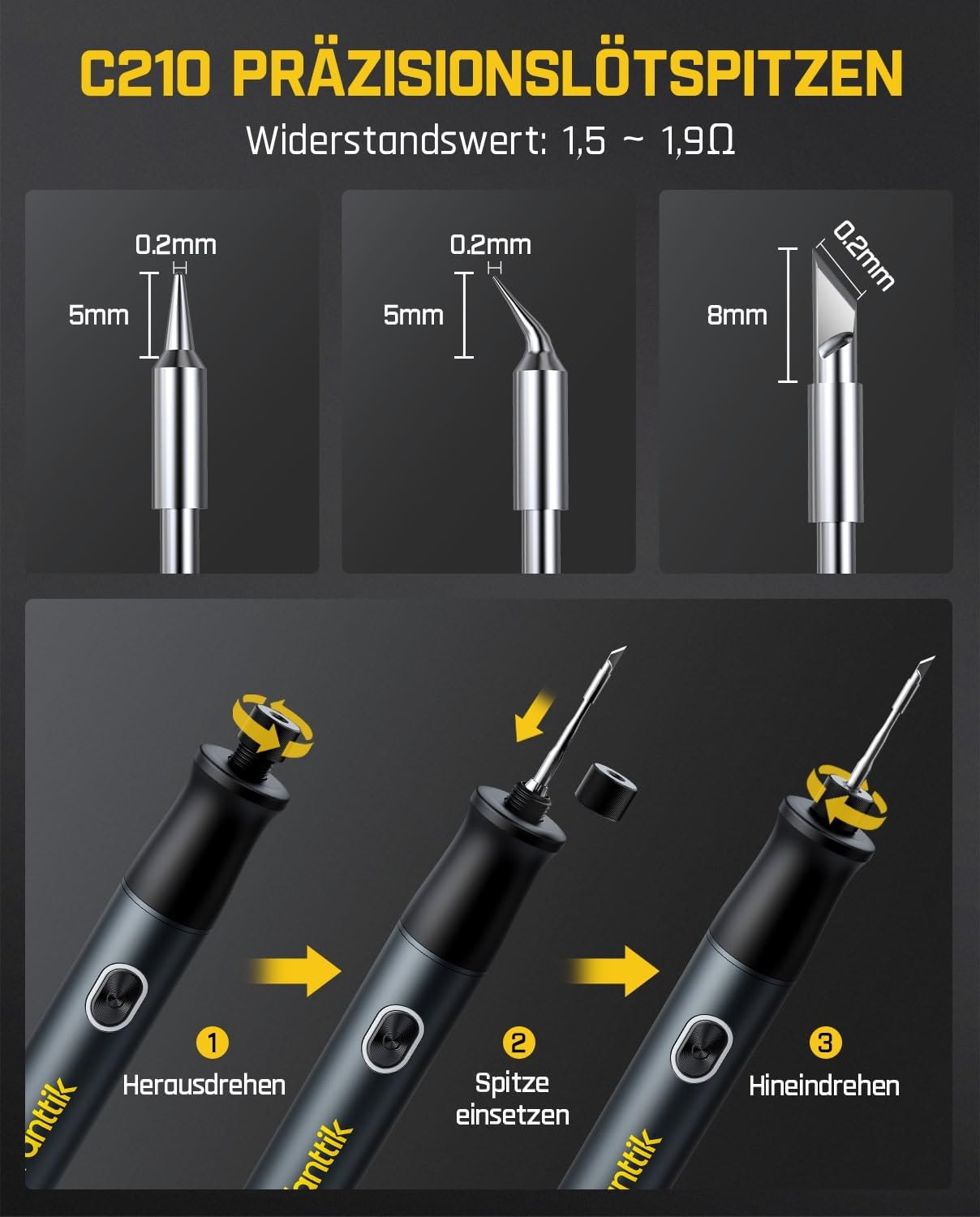 Fanttik T1 Max Präzisions Lötkolben Set, kabelloser Lötkolben, 7 Sek. schnelles Aufheizen，6 Temperatur Einstellbar 200~450 ℃, 4 Lötspitzen (C210), 360° drehbarer Ständer, Lötkolben für Reparaturen