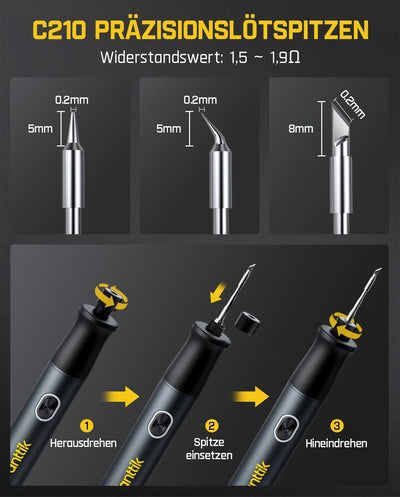 Fanttik T1 Max Präzisions Lötkolben Set, kabelloser Lötkolben, 7 Sek. schnelles Aufheizen，6 Temperatur Einstellbar 200~450 ℃, 4 Lötspitzen (C210), 360° drehbarer Ständer, Lötkolben für Reparaturen
