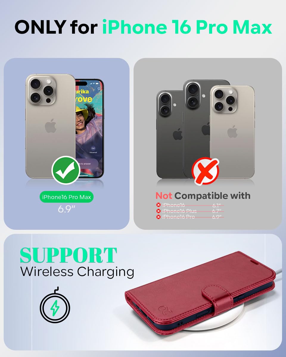 OCASE iPhone 16 Pro Max Hülle Handyhülle Premium PU Leder, Kartenfach Standfunktion, RFID Rohutzhülle Klapphülle Handytasche Lederhülle Kompatibel für iPhone 16 Pro Max (6,9 Zoll) Rot