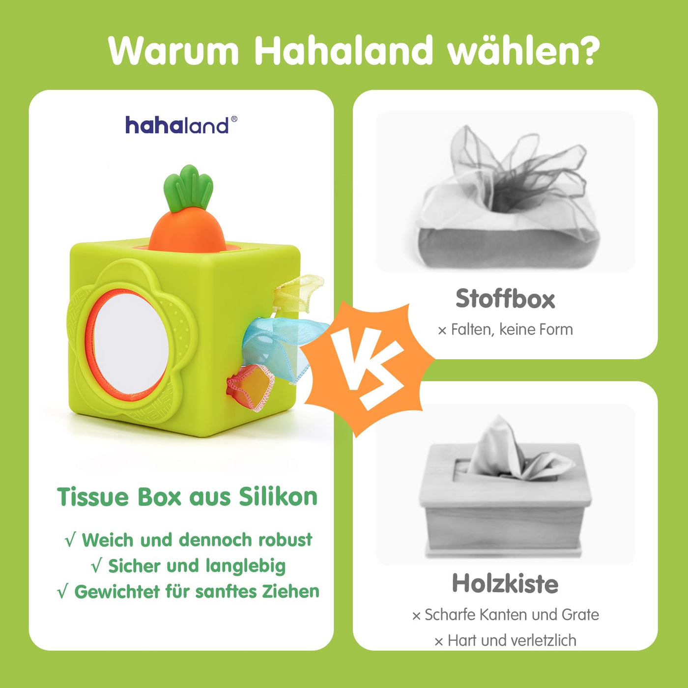 hahaland Baby Spielzeug 6 Monate - Silikon Tücher Box, Montessori Tücherbox Baby Sensorik Spielzeug, 6-in-1 Busy Würfel mit Tüchern, Spiegel, Beißring,Geschenk für Babyspielzeug ab 6 9 12 Monate