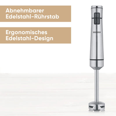 SEVERIN Kabelloser Stabmixer mit Premium-Set, abnehmbarer Mixstab, mit Pürierstab, Multizerkleinerer, Mixbehälter, Kartoffelstampfer & Schneebesen, schwarz/Edelstahl-gebürstet, SM 3775