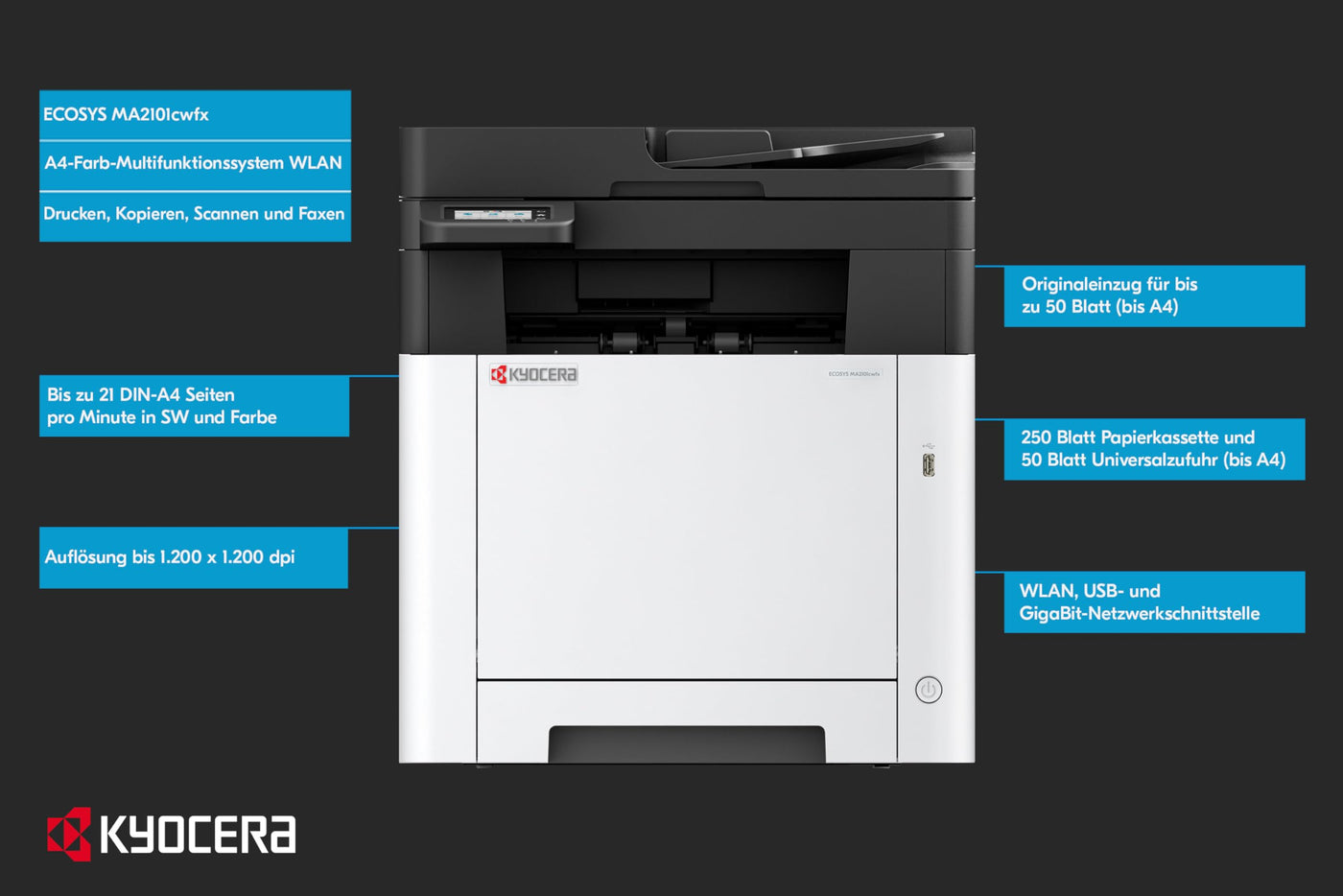 Kyocera Ecosys MA2101cwfx Farblaserdrucker Multifunktionsgerät WLAN. Drucker Scanner Kopierer, Faxgerät. Multifunktionsdrucker inkl. Duplex, USB 2.0 und Mobile-Print-Funktion