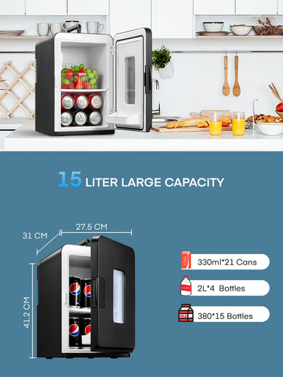NORTHCLAN Mini Fridge for Room 15 L, with 220 V AC/12 V DC for Car and Home Use, Portable Fridge and Heating Fridge Perfect for Drinks, Cosmetics, Snacks, Max & Eco Mode, Black