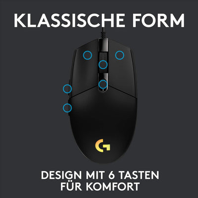 Logitech G203 Gaming-Maus mit anpassbarer LIGHTSYNC RGB-Beleuchtung, 6 programmierbare Tasten, spieletauglicher Sensor, Abtastung mit 8.000 DPI, Geringes Gewicht - Schwarz