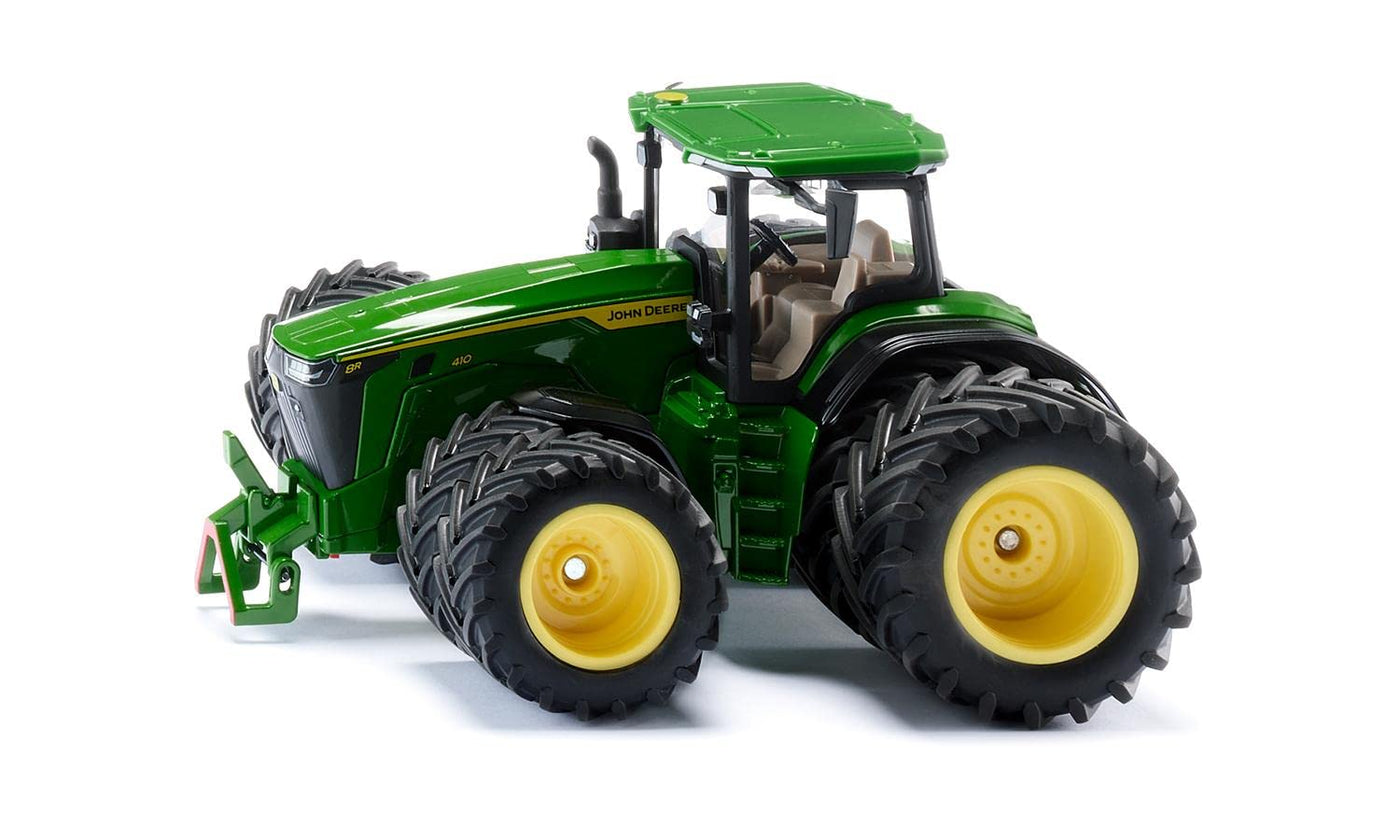siku 3292, John Deere 8R 410 mit Doppelbereifung, Spielzeug-Traktor, 1:32, Metall/Kunststoff, Grün, Abnehmbares Frontgewicht, Achsschenkellenkung, Abnehmbare Kabine, Front- und Heckkupplung