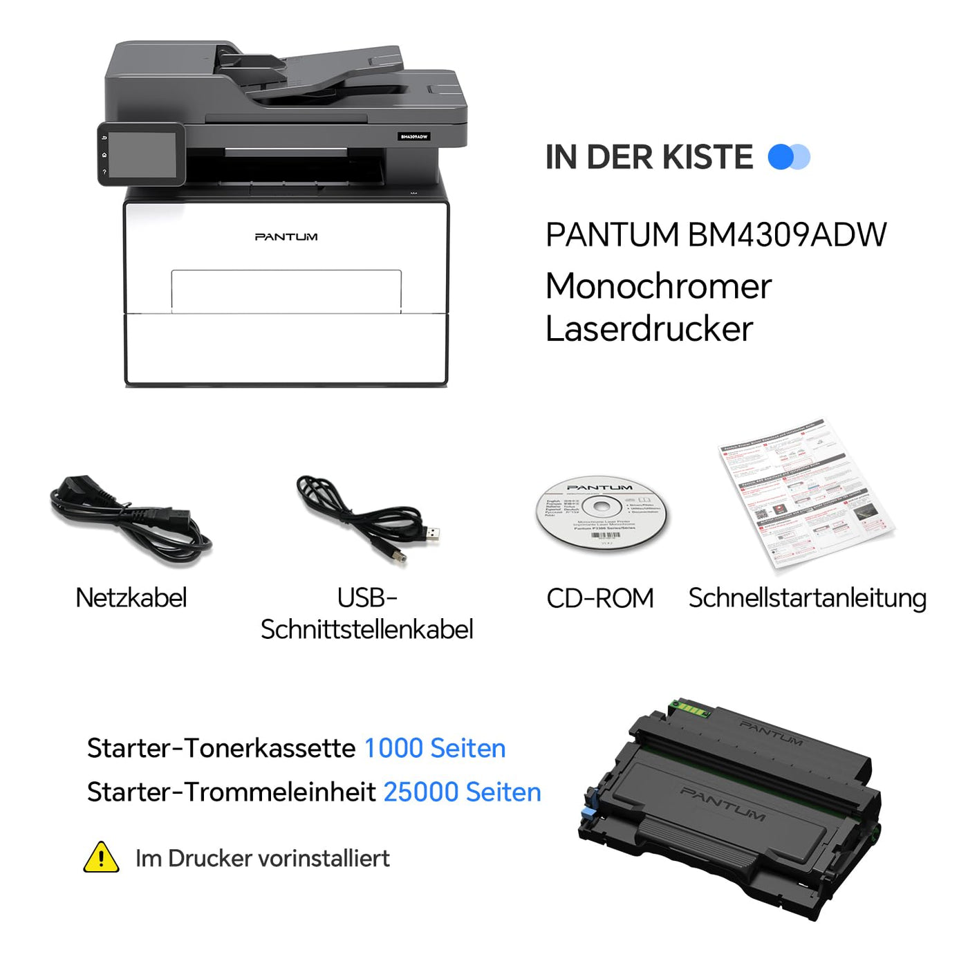 PANTUM BM4309ADW Multifunktionsdrucker Laserdrucker Schwarz Weiss, Automatischer Duplexdruck, Drucker Scanner Kopierer mit ADF, WLAN/LAN/USB, 3,5-Zoll-Touchscreen, 30ppm