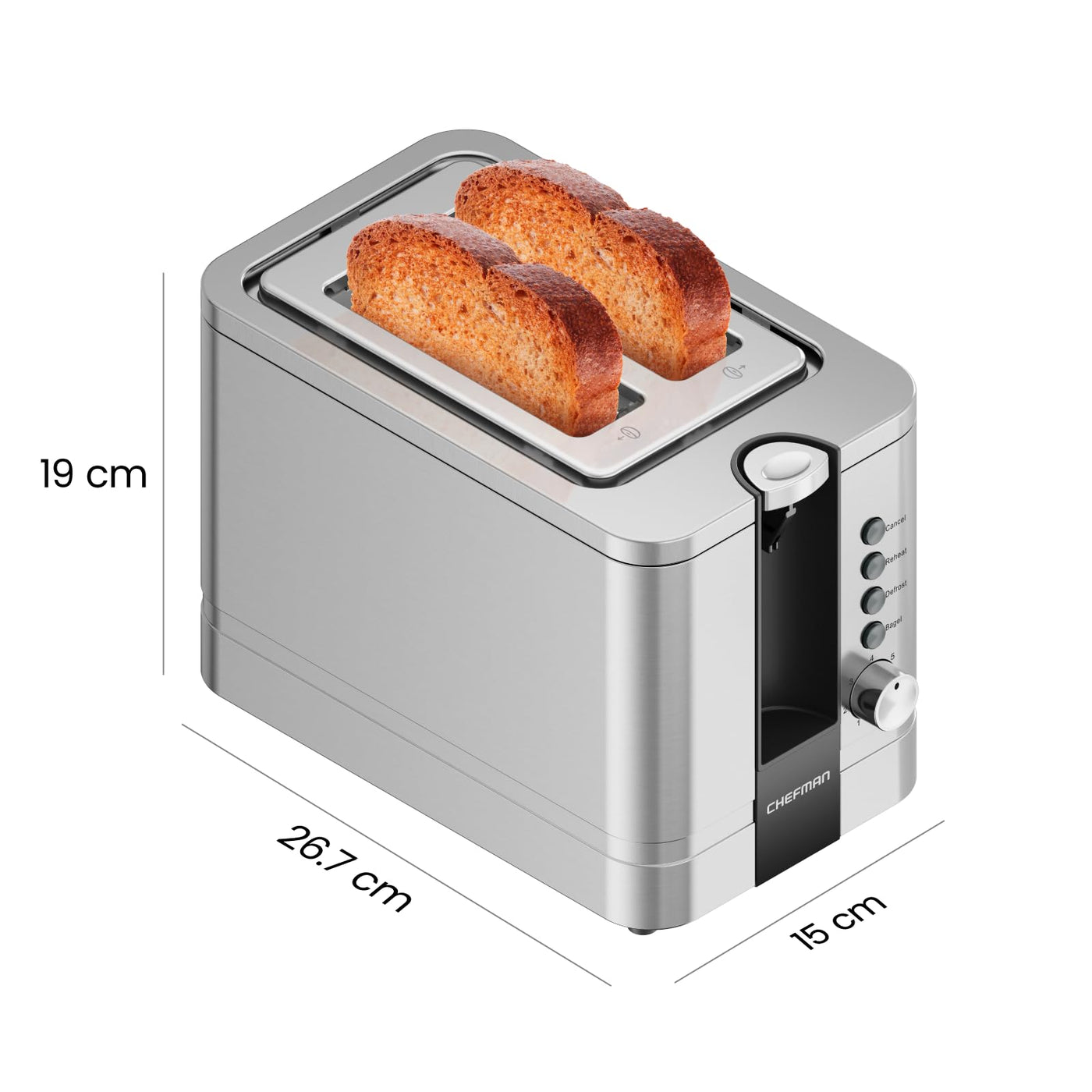 Chefman Edelstahl-Toaster für 2 Scheiben mit 7 Bräunungseinstellungen, extrabreiten Schlitzen für Bagels, Funktionen für Auftauen/Aufwärmen/Stopp, herausnehmbare Krümelschublade, 925W, 240V, Silber