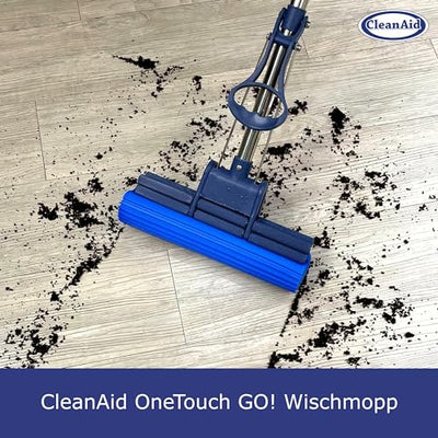 CleanAid OneTouch GO! Wischmopp, Bodenwischer, Wringmopp, Wischer mit Auswringfunktion - besonders saugstark - mit PVA Schwamm und Segmentstiel aus Edelstahl