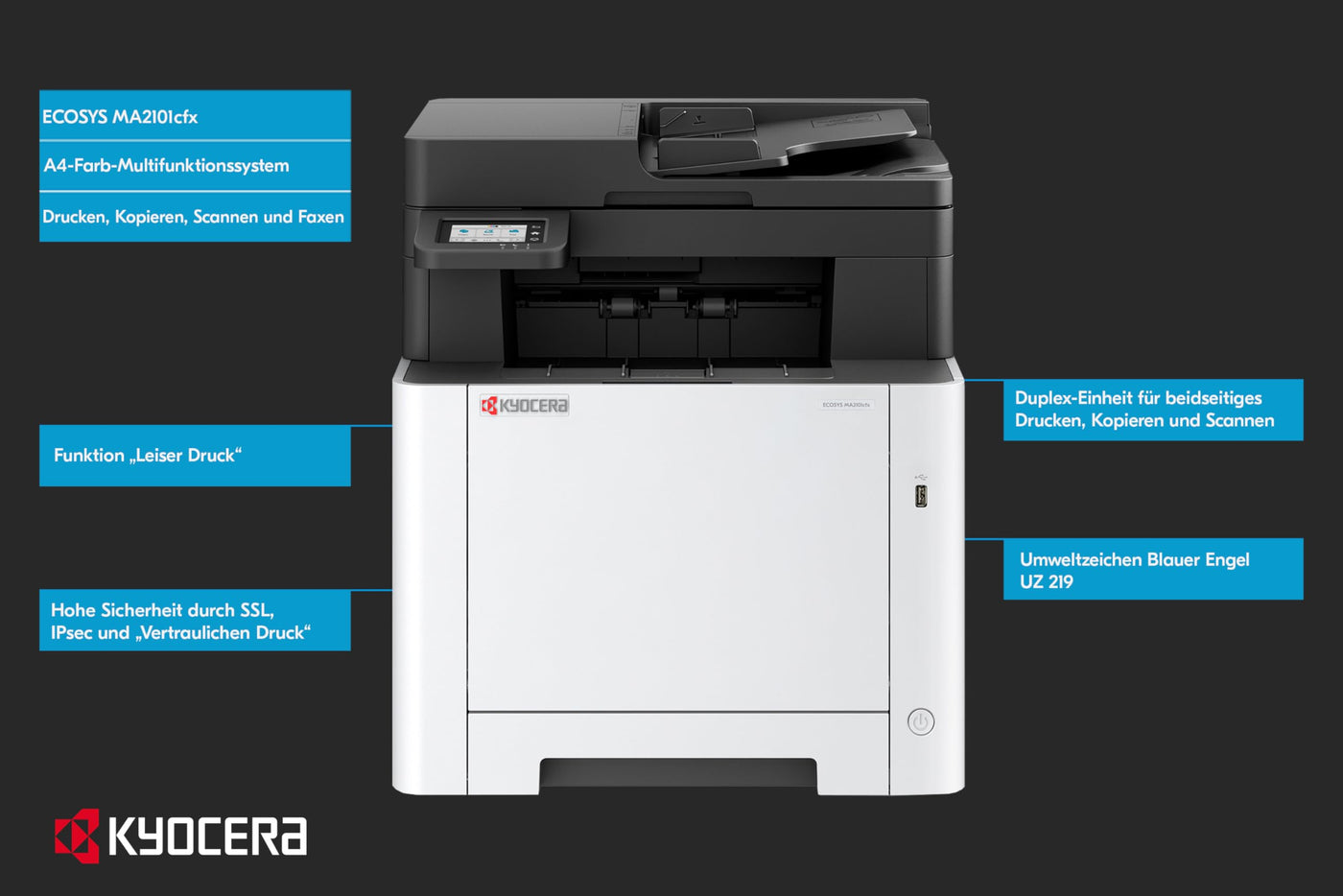 Kyocera Ecosys MA2101cfx Farblaserdrucker Multifunktionsgerät. Drucker Scanner Kopierer, Faxgerät. Multifunktionsdrucker inkl. LAN, USB 2.0 und Mobile-Print-Funktion