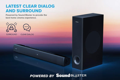 Creative Stage V2 2.1 Soundbar mit Subwoofer, Clear Dialog und Surround von Sound Blaster, Bluetooth 5.0, TV ARC, Optical sowie USB Audio, Wandmontage möglich, Bass- und Höheneinstellung, für TV