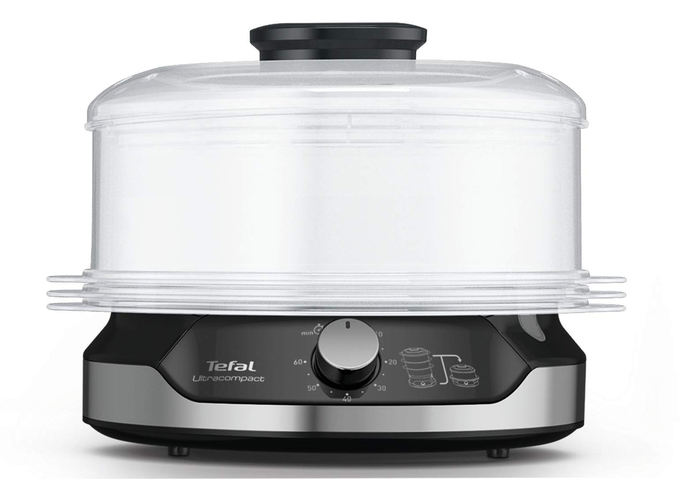 Tefal VC2048 Ultracompact Dampfgarer | Stapelbares Aufbewahrungssystem | Gesundes Kochen | 3 BPA-Freie Aufsätze | 60-Minuten-Timer | Auffüllen Beim Garen | 9-L-Kapazität | Inkl. Reis-Einsatz | 800 W