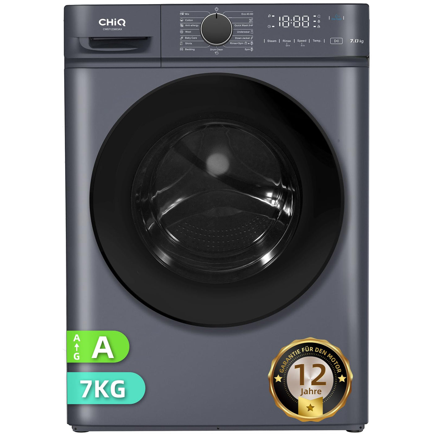 CHiQ Waschmaschine 7kg, InverterMotor, EEK A| 60x46,5x84cm, Große Tür| Eco, Speed Wash, Auto Clean, Kindersicherung|1200 U/Min, Washer Grau, CW07123863AX