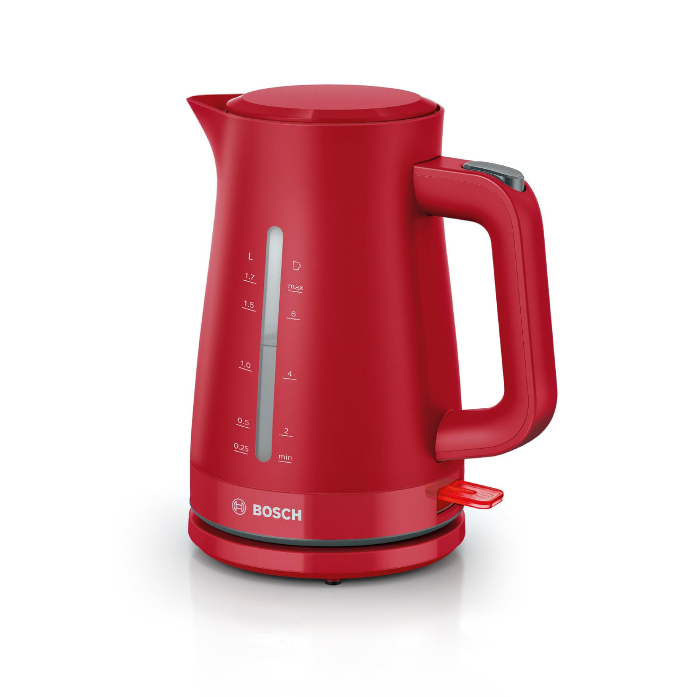 Bosch kabelloser Wasserkocher MyMoment TWK3M124, Abschaltautomatik, Überhitzungsschutz, Tassenanzeige, beidseitige Wasserstandsanzeige, entnehmbarer Kalkfilter, 1,7 L, 2400 W, Rot matt