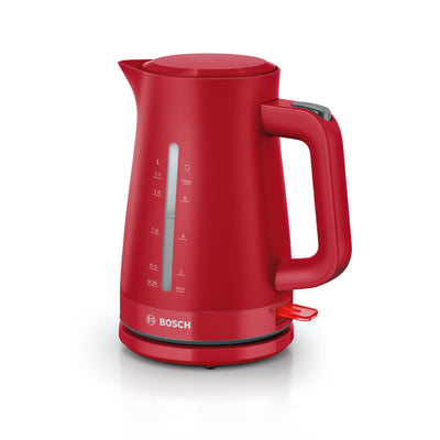 Bosch kabelloser Wasserkocher MyMoment TWK3M124, Abschaltautomatik, Überhitzungsschutz, Tassenanzeige, beidseitige Wasserstandsanzeige, entnehmbarer Kalkfilter, 1,7 L, 2400 W, Rot matt