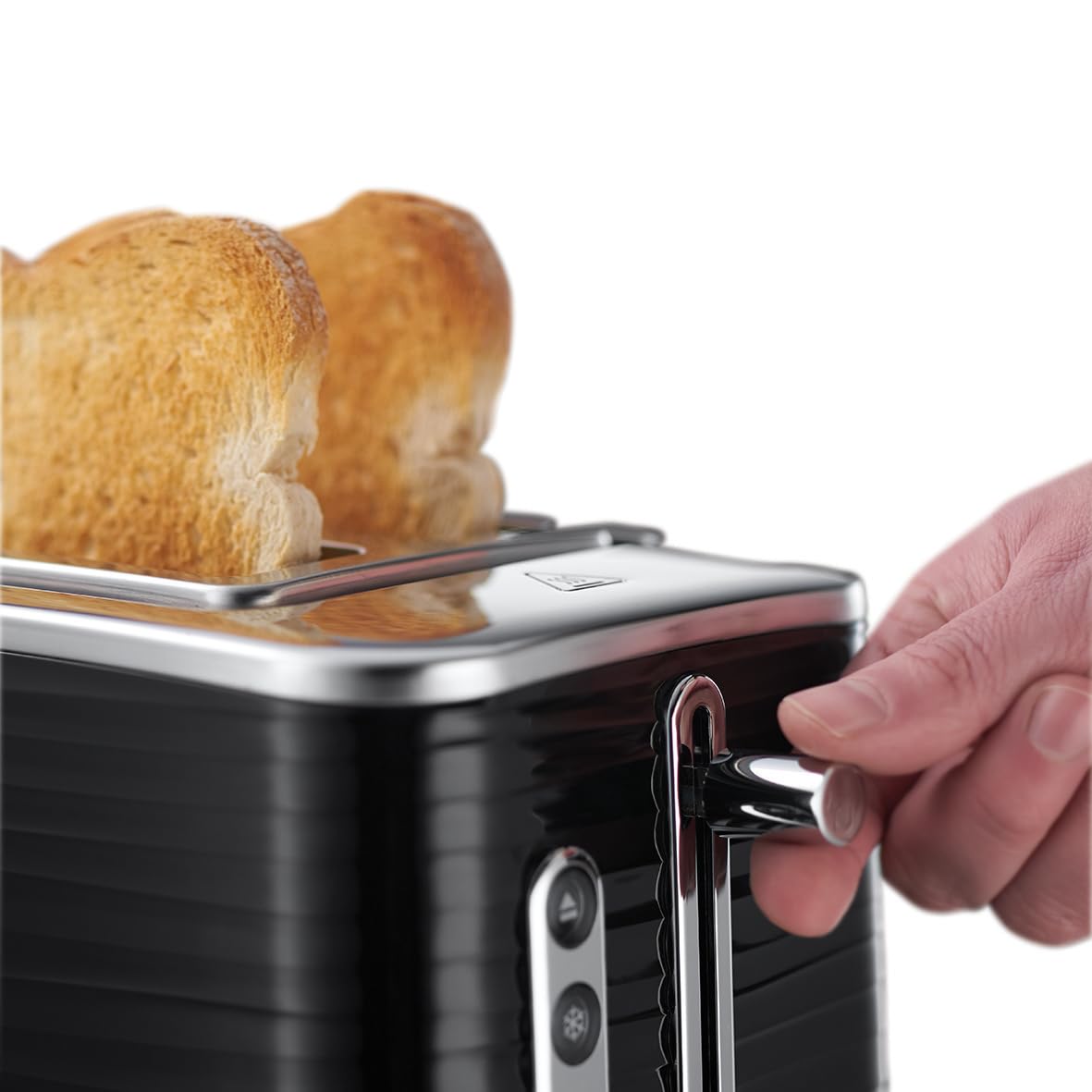 Russell Hobbs Toaster [für 2 Scheiben] Inspire Schwarz mit hochwertiger Hochglanz-Struktur (extra breite Toastschlitze, inkl. Brötchenaufsatz, 6 Bräunungsstufen + Auftau- & Aufwärmfunktion) 24371-56