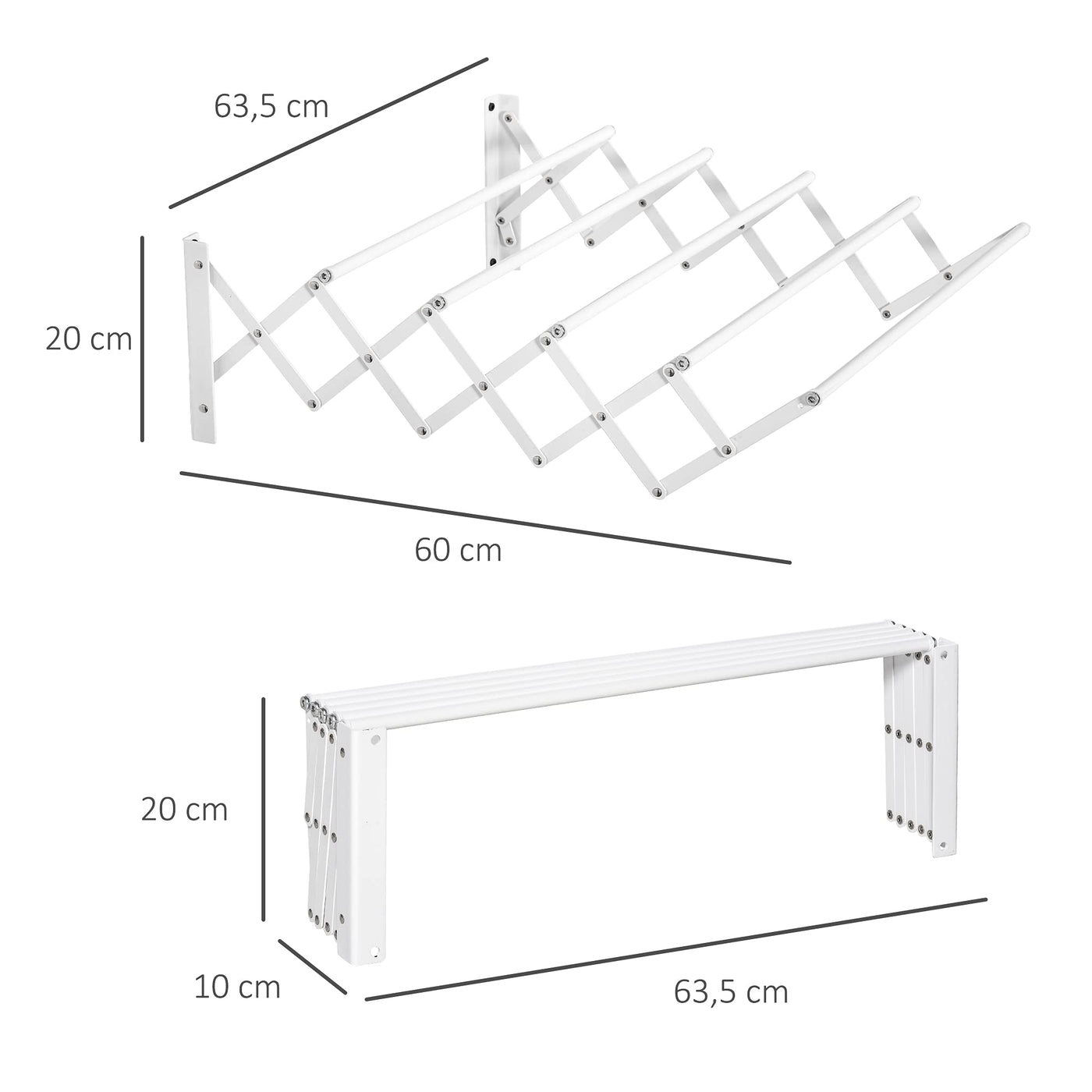 HOMCOM Wandtrockner Wäscheständer für Wandmontage Wandwäschetrockner ausziehbar klappbar platzsparender Wäschereck für kleine Haushalte für drinnen und draußen Metall Weiß 63,5 x 60 x 20 cm