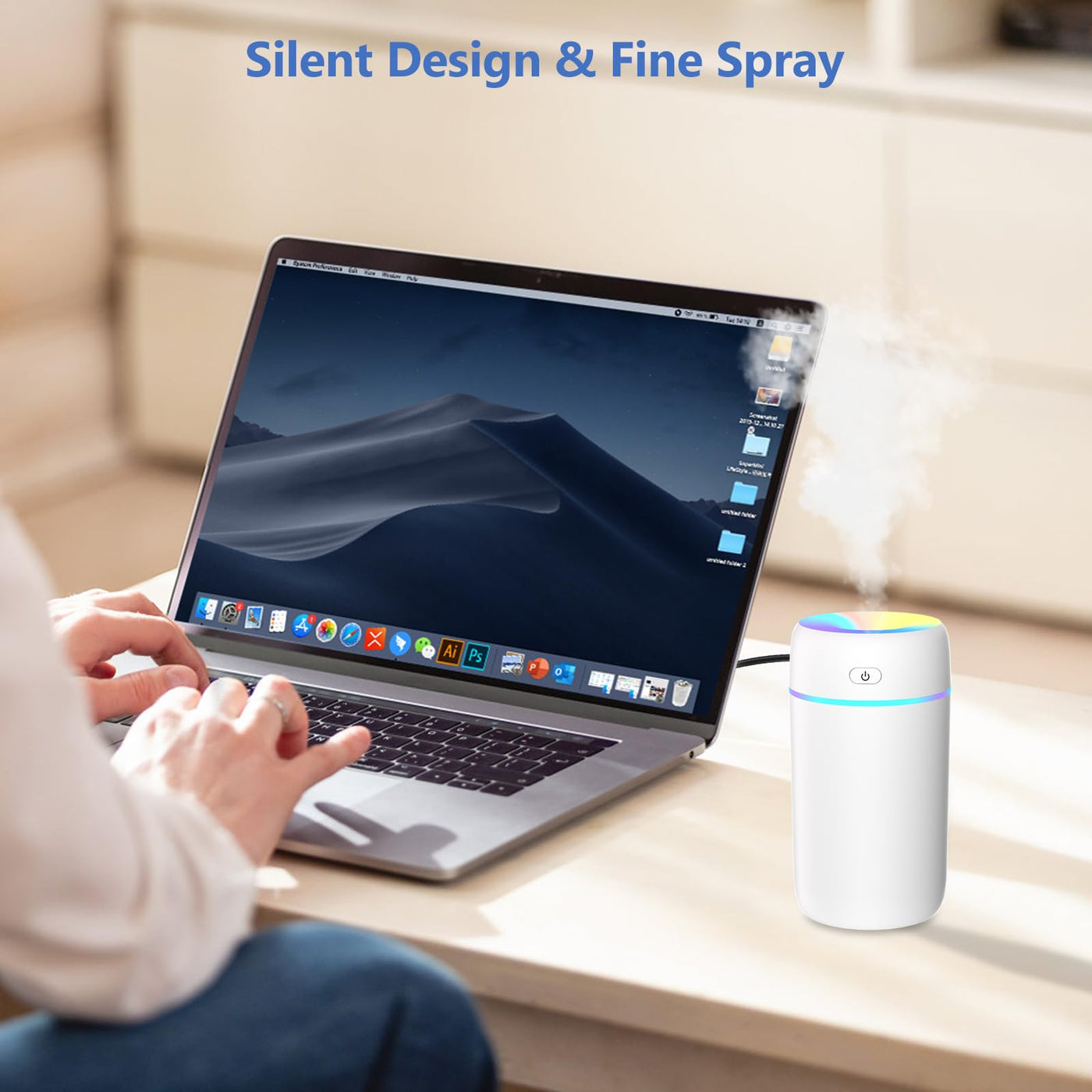 KARFUN Luftbefeuchter,Mini Humidifiers fürs Auto mit 7 Farben Licht,Leiser Raumbefeuchter Klein,Automatische und Leise,Abschaltung,Büro,Schlafzimmer,Auto,Desktop (Weiß)