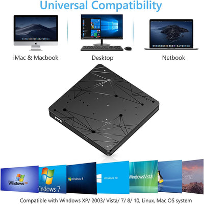 LMEN Externes CD DVD Laufwerk Extern mit USB 3.0 DVD für Laptop PC Computer Tragbar Externes DVD Laufwerk CD-ROM Brenner Extern mit niedrigem Lärm für Windows 11/10/7/8/XP Mac MacBook