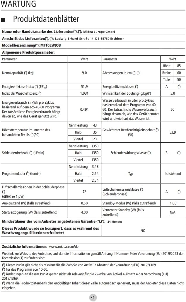 Midea MF10EW90B Waschmaschine / 9kg / 1400 U/Min/EEK A/Inverter Quattro Moto/Dampffunktion/Grosse Trommel/Nachlegefunktion/Kindersicherung/AquaStop, Weiß