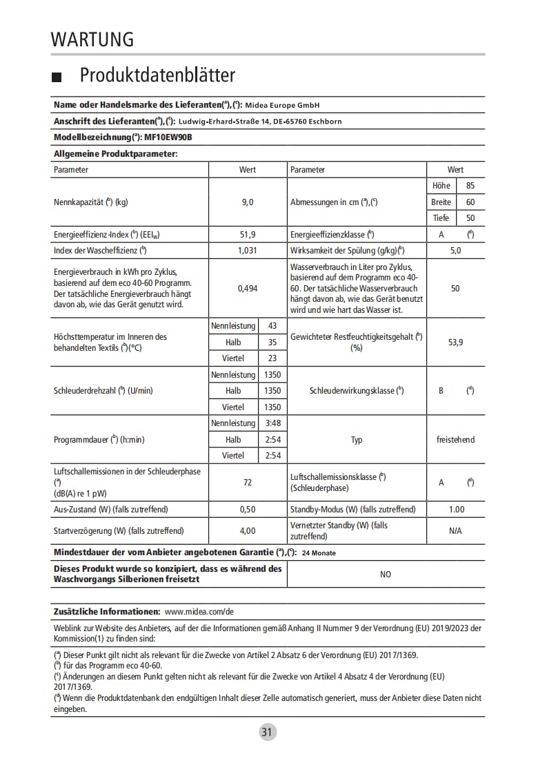 Midea MF10EW90B Waschmaschine / 9kg / 1400 U/Min/EEK A/Inverter Quattro Moto/Dampffunktion/Grosse Trommel/Nachlegefunktion/Kindersicherung/AquaStop, Weiß