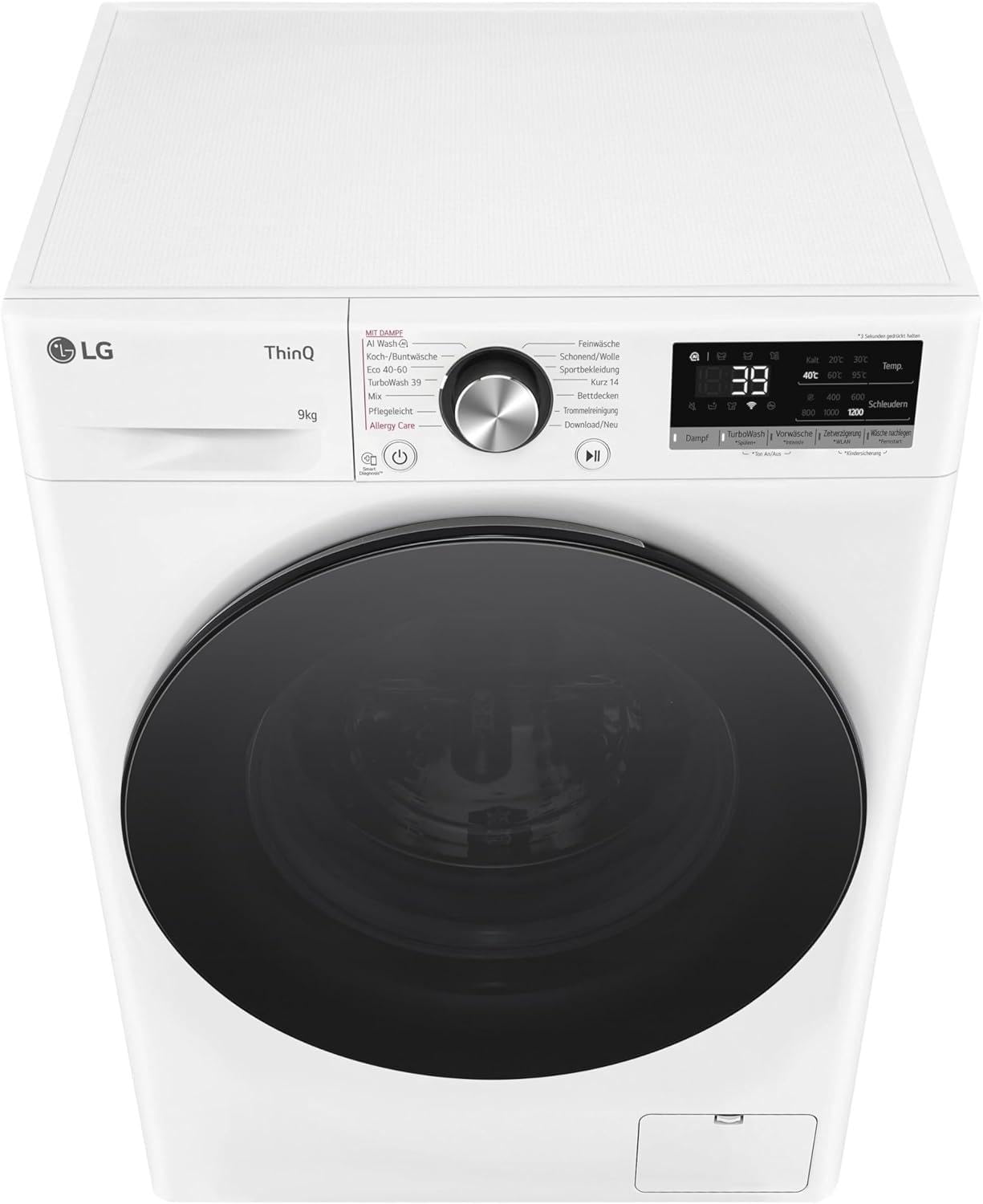 LG F2V7SLIM9, Klasse A, Waschmaschine Slim 9 kg, 60x47.5x85 cm, Wi-Fi, AI Direct Drive, Tiefenreinigung mit Dampf, TurboWash 360°, Außentür aus Gehärtetem Glas, Weiß mit Schwarzem Bullaugenring