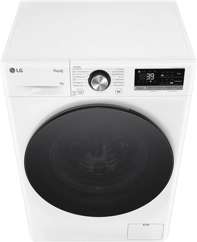 LG F2V7SLIM9, Klasse A, Waschmaschine Slim 9 kg, 60x47.5x85 cm, Wi-Fi, AI Direct Drive, Tiefenreinigung mit Dampf, TurboWash 360°, Außentür aus Gehärtetem Glas, Weiß mit Schwarzem Bullaugenring