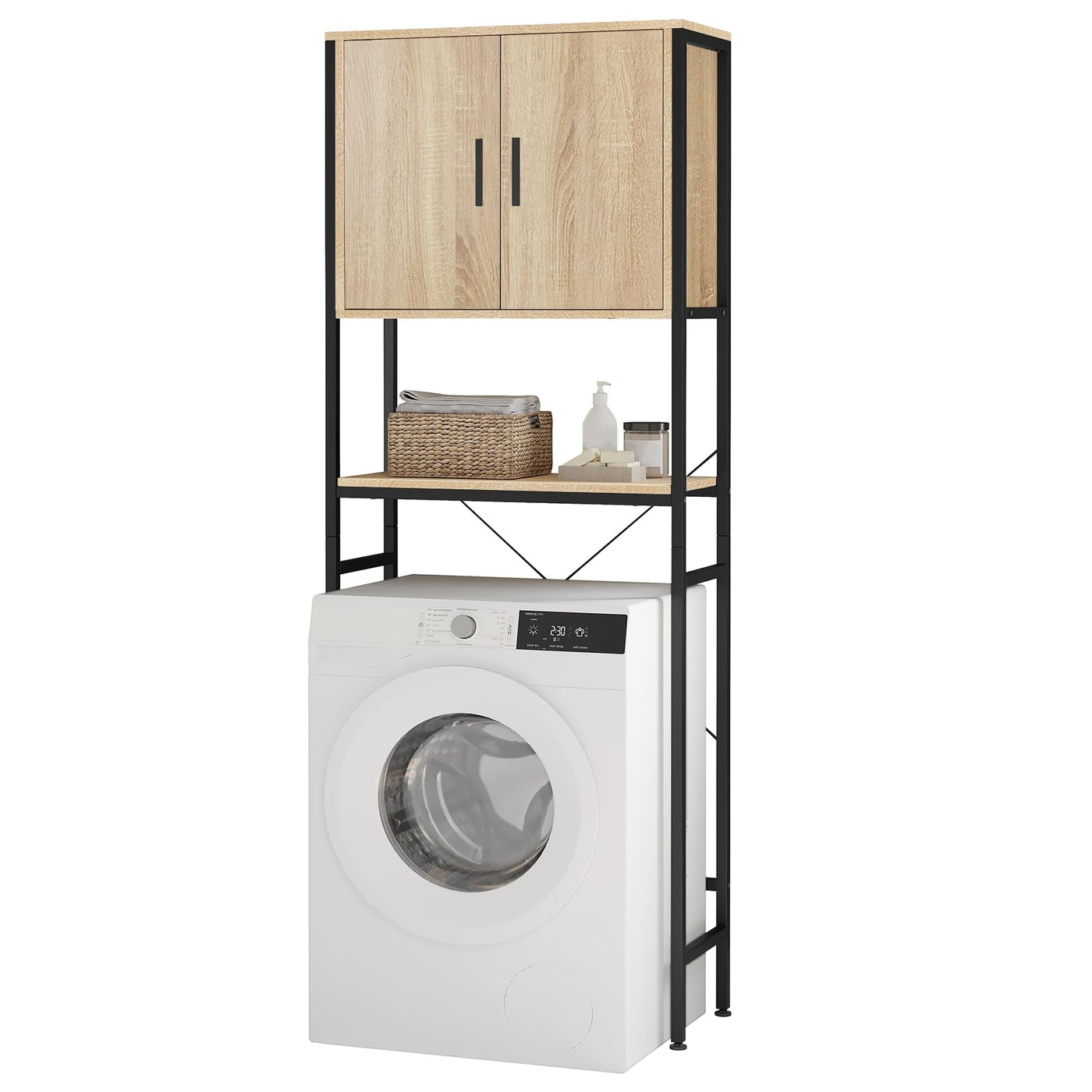 EUGAD Waschmaschinenschrank, Waschmaschinenregal Regal über Waschmaschine Toilette, Toilettenregal mit Schrank Verstellbarer Ablage, Badregal aus Holzwerkstoff Metall, 64,5x170x27 cm