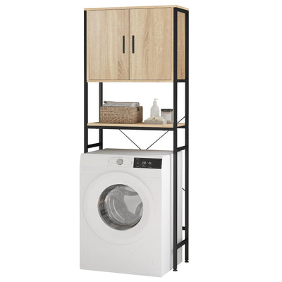 EUGAD Waschmaschinenschrank, Waschmaschinenregal Regal über Waschmaschine Toilette, Toilettenregal mit Schrank Verstellbarer Ablage, Badregal aus Holzwerkstoff Metall, 64,5x170x27 cm