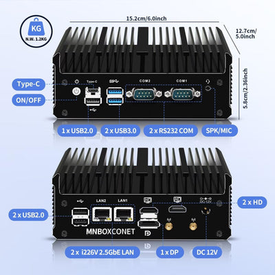 MNBOXCONET Lüfterlos Mini PC Industrial N100, Small Fanless Computer, Barebone NO RAM NO SSD, Windows 11 Pro, Dual i226V 2.5GbE LAN, RS232 COM, WiFi5/BT4.2, Business Büro Triple Display