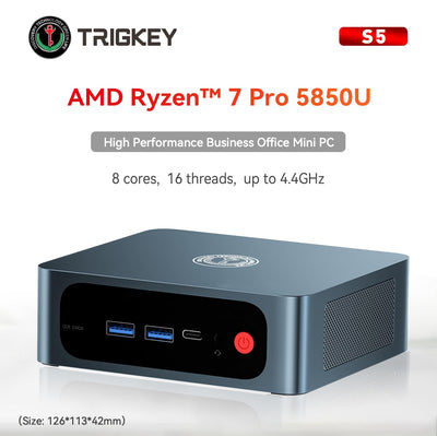 TRIGKEY Mini PC Ryzen 7 AMD R7 5850U 8C/16T 32G DDR4 500G M.2 NVME SSD S5 Mini Computer, HDMI+DP+Type-C，4K@60Hz UHD Graphics, Wi-FI 6, BT 5.2, USB 3.2 * 3，USB 2.0 * 1
