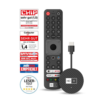 HD+ IP TV-Stick, Fernsehen über Internet für alle TVs, 3 Monate HD-TV inkl., Zugriff auf Netflix, YouTube, mit HDMI, WLAN/LAN und 4K