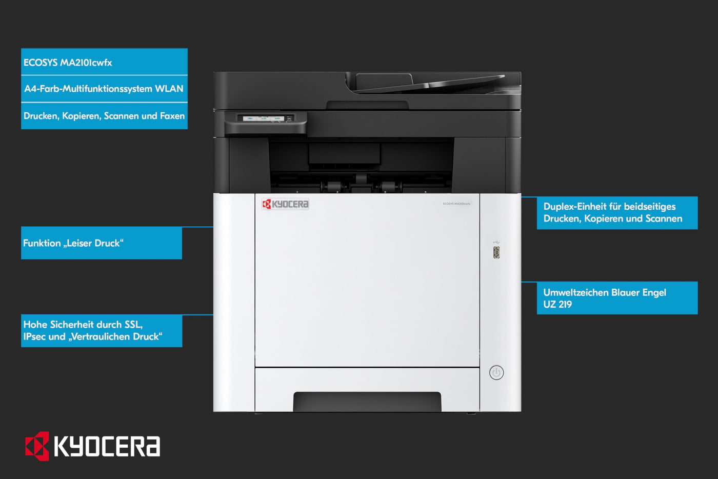 Kyocera Ecosys MA2101cwfx Farblaserdrucker Multifunktionsgerät WLAN. Drucker Scanner Kopierer, Faxgerät. Multifunktionsdrucker inkl. Duplex, USB 2.0 und Mobile-Print-Funktion