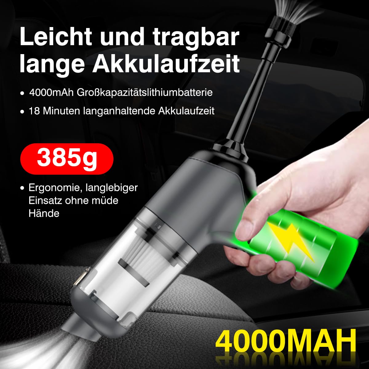 USUIELIGHT Handstaubsauger Akku 6000Pa - Handstaubsauger Kabellos mit 18 Min Laufzeit, 4000mAh, Leicht und Tragbar, Autosauger mit Blas- und Saugfunktion für Auto, Haus, Büro, Tierhaare