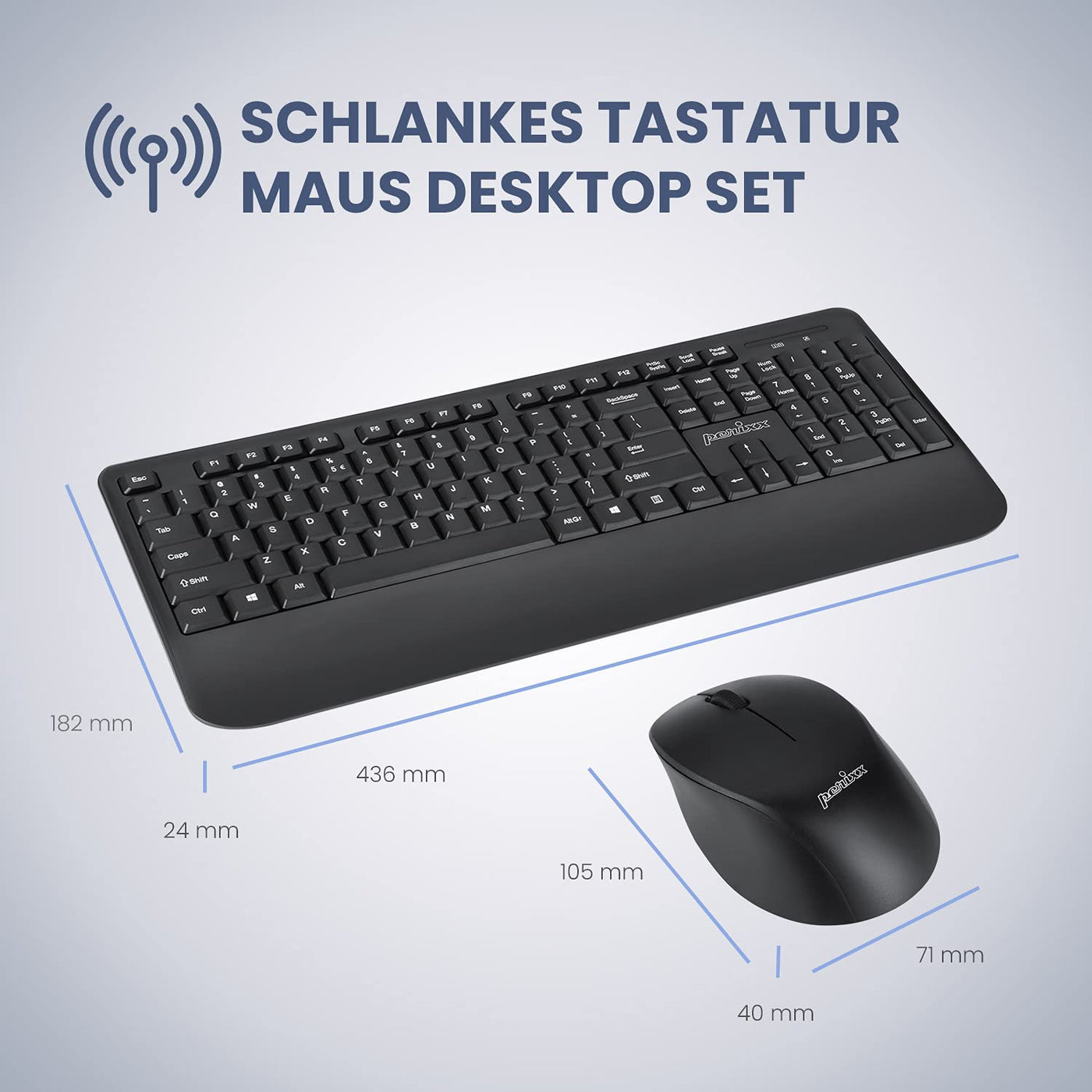 Perixx PERIDUO-714, Kabelloses Standard Vollformat Tastatur mit Nummernblock und Maus Desktop Set, 2,4 GHz Funkverbindung, Schwarz, DE QWERTZ