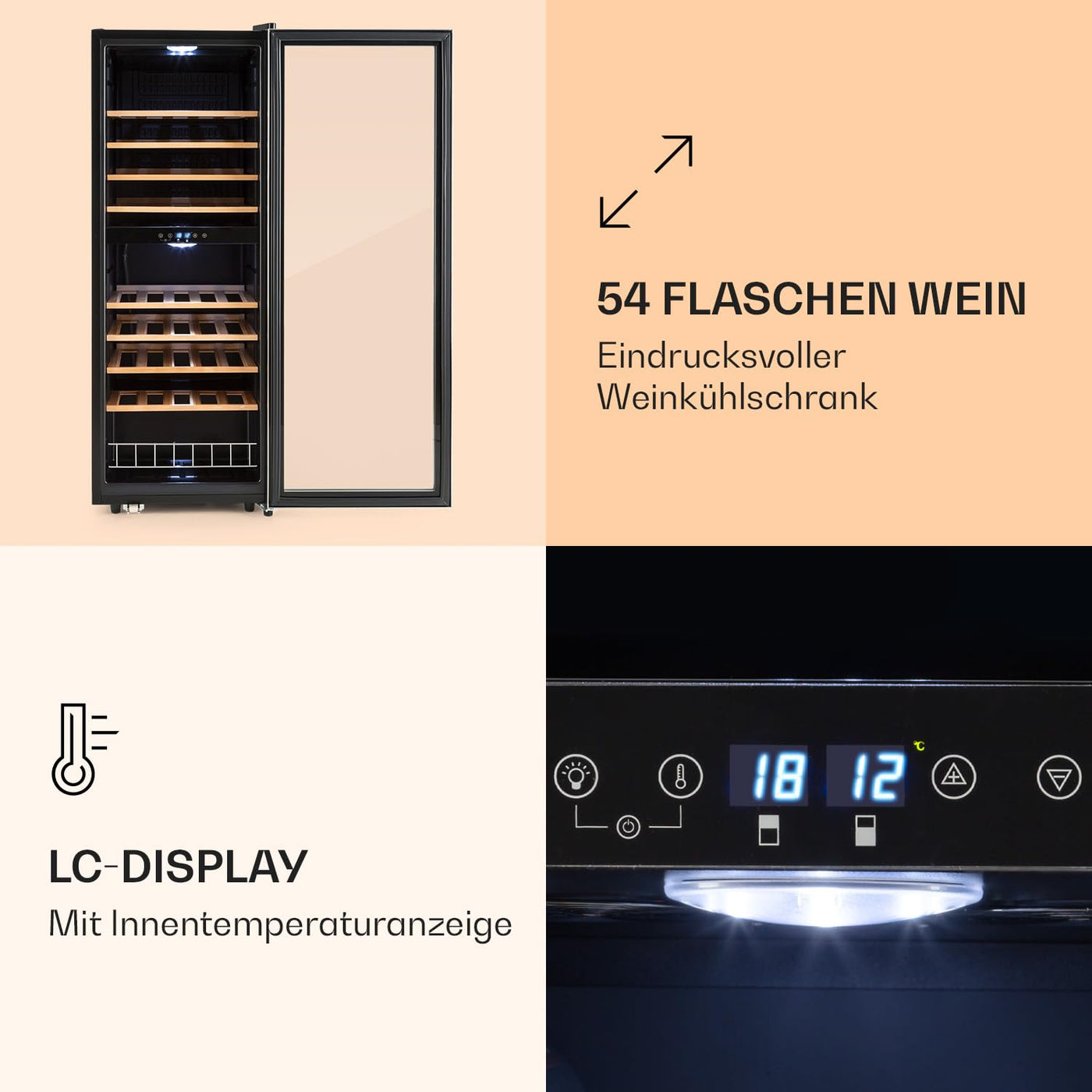Klarstein Weinkühlschrank, Getränkekühlschrank Schmal, Kühlschrank mit Glastür, Getränkekühlschränke Freistehend, Weinkühlschrank Klein, Weinkühlschränke 2 Zonen, LED-Beleuchtung, 5-18 °C, 54 Flaschen