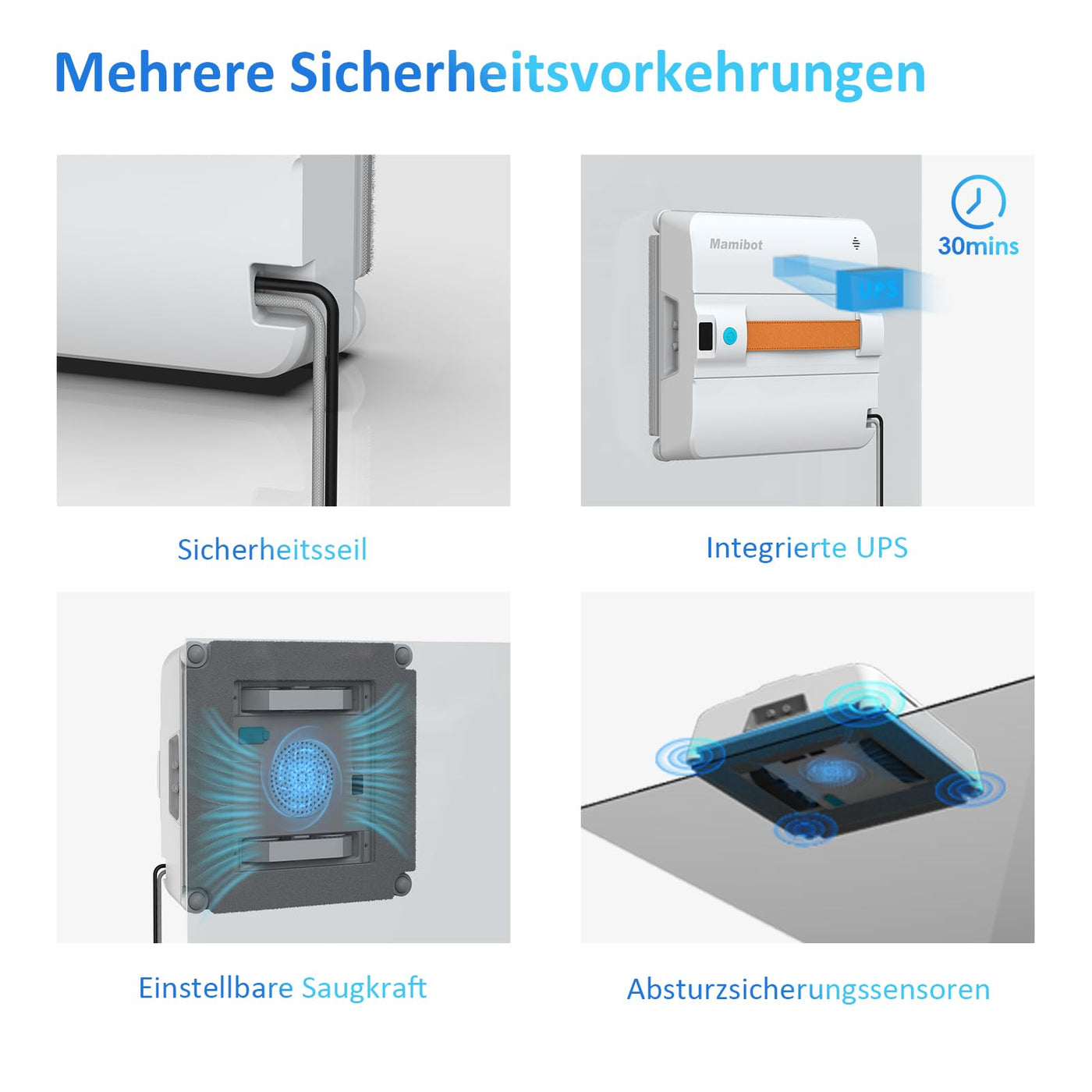 Mamibot W120-DP Fensterputzroboter, Sprühfunktion, intelligente Pfadplanung, doppelter Kreuz-Wasserstrahl, Fern- und App-Steuerung für Glasreinigung, Weiß/Blau
