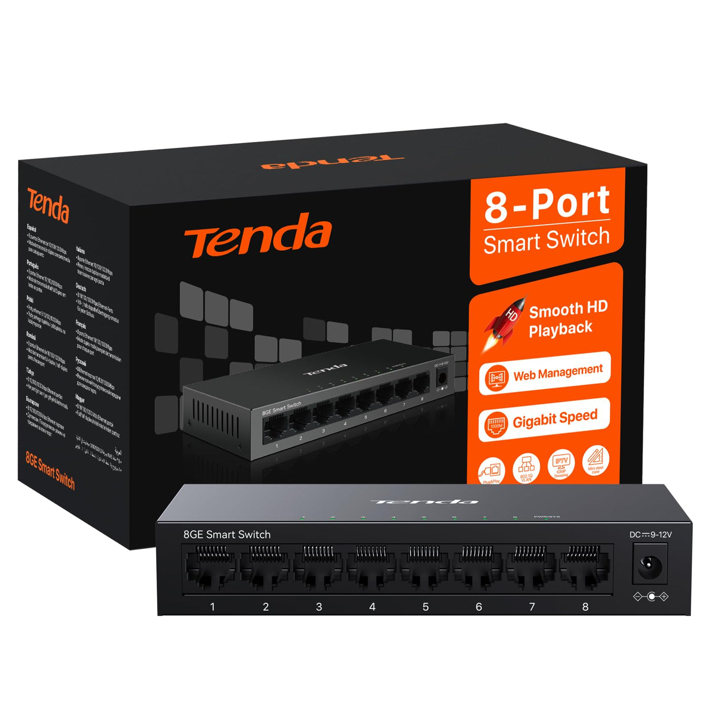 Tenda TEG208E Managed Switch 8 Port Gigabit Netzwerk Switch (IGMP-Snooping, QoS, VLAN, DHCP- Snooping, LAG, MAC Address Binding, Lüfterlos, Energieeffizient, Metall) LAN Verteiler LAN Splitter