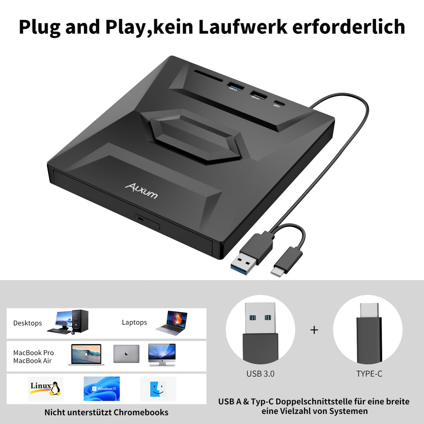 Alxum Externes CD DVD Laufwerk für Laptop,USB 3.0 Type C CD Laufwerk extern USB mit SD/TF Kartenleser und USB Anschlüsse,Externes DVD Laufwerk für Laptop,Desktop,MacBook,Windows,Linux,Mac OS,Vista