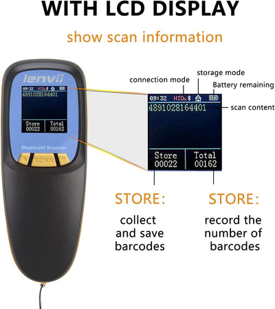 LENVII Mini Wireless Barcode Scanner Bluetooth 3-in-1 Portable Barcode Reader kabellos 1D/2D/QR Code Scanner mit Display Barcode Leser Win/Android/iOS für Geschäft, Supermarkt, Lager(Schwarz)