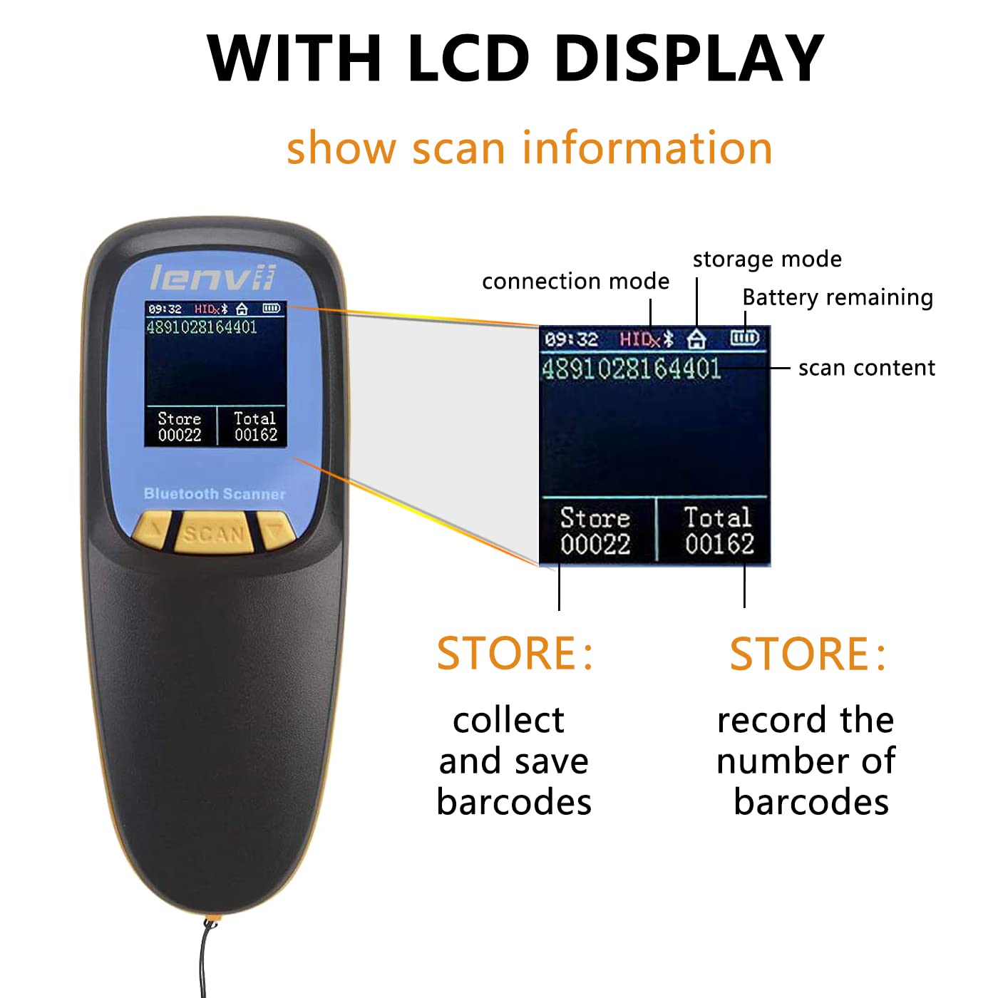 LENVII Mini Wireless Barcode Scanner Bluetooth 3-in-1 Portable Barcode Reader kabellos 1D/2D/QR Code Scanner mit Display Barcode Leser Win/Android/iOS für Geschäft, Supermarkt, Lager(Schwarz)