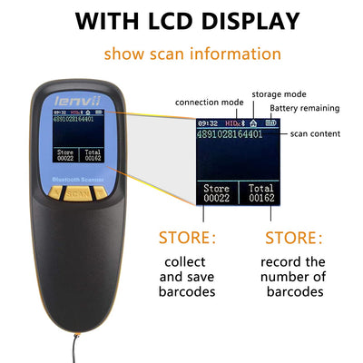 LENVII Mini Wireless Barcode Scanner Bluetooth 3-in-1 Portable Barcode Reader kabellos 1D/2D/QR Code Scanner mit Display Barcode Leser Win/Android/iOS für Geschäft, Supermarkt, Lager(Schwarz)