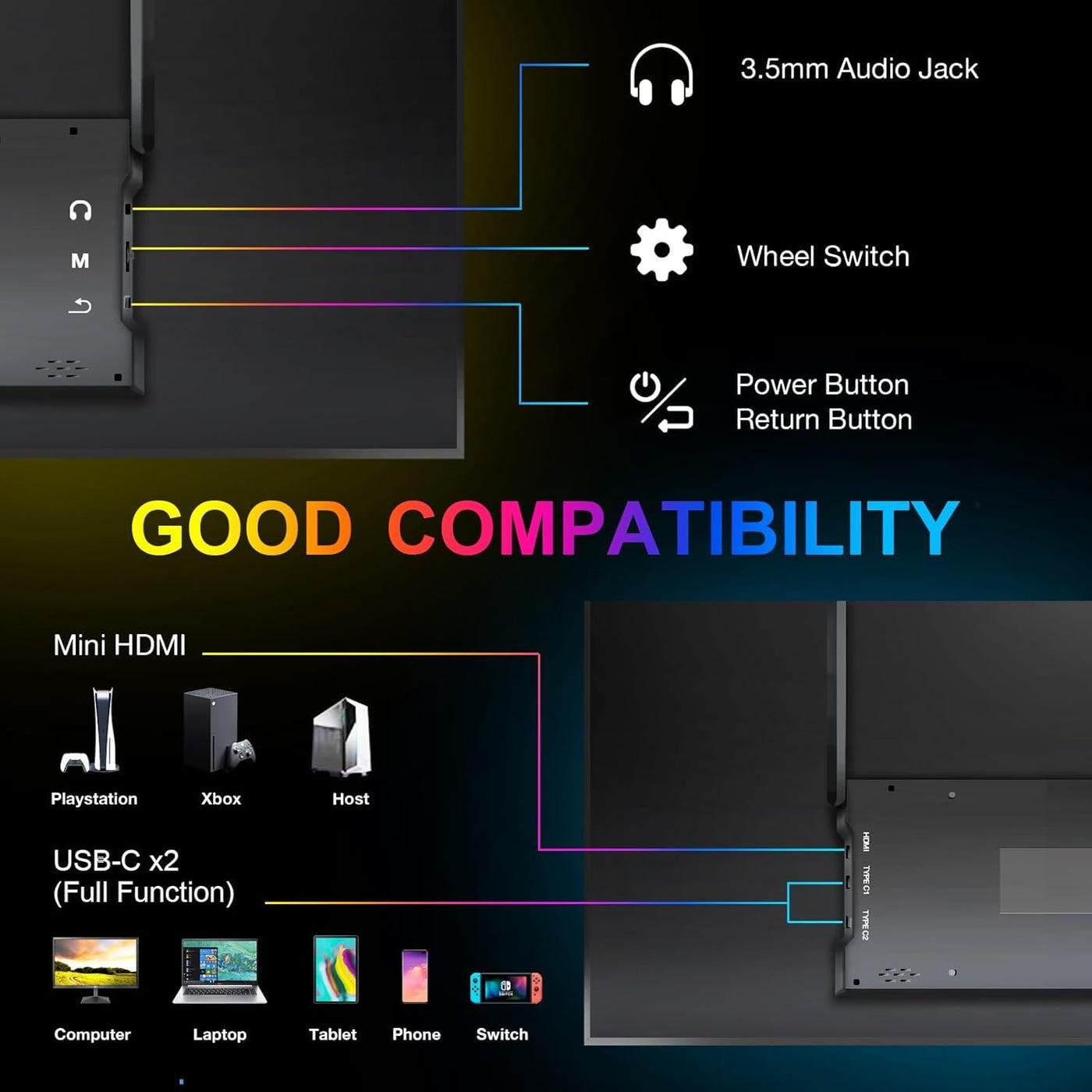 Portable Monitor, 15.6 Inch Mobiler Monitor, FHD 1080P Tragbarer Monitor mit Lautsprecher, Portabler PC Monitor Laptop Bildschirm Erweiterung USB C Zweiter Bildschirm für Laptop Gaming Switch/Xbox