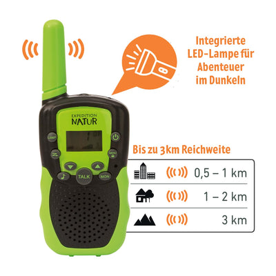 Moses. Expedition Natur Walkie-Talkie, 2 Walkie-Talkies für Kinder ab 6 Jahren, bis zu 3 km Reichweite, 22 Kanäle, 2er Set Funkgeräte mit integrierter Taschenlampe & Gürtelclip, Outdoor-Spielzeug