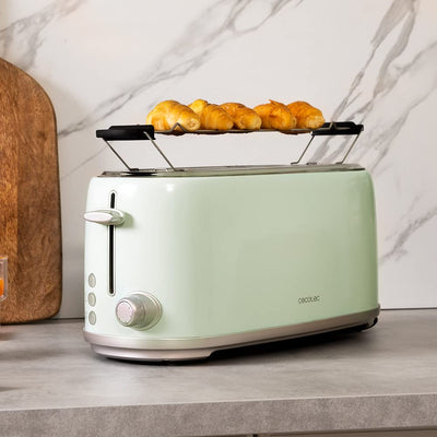 Cecotec Toaster 4 Scheiben Toast&Taste 1600 Retro Double Green, 1630 W, 2 Breite und Lange Schlitze von 3,8 cm, Edelstahl, Obere Roste, Regulierbare Leistung, Krümelschublade