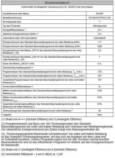 Sharp KD-NHA7S7PW21-DE Wärmepumpentrockner Frontlader, 7 kg, 15 Programme, 30 Min. Kurzprogramm, Schontrommel, LED-Innenbeleuchtung, Kindersicherung, Weiß