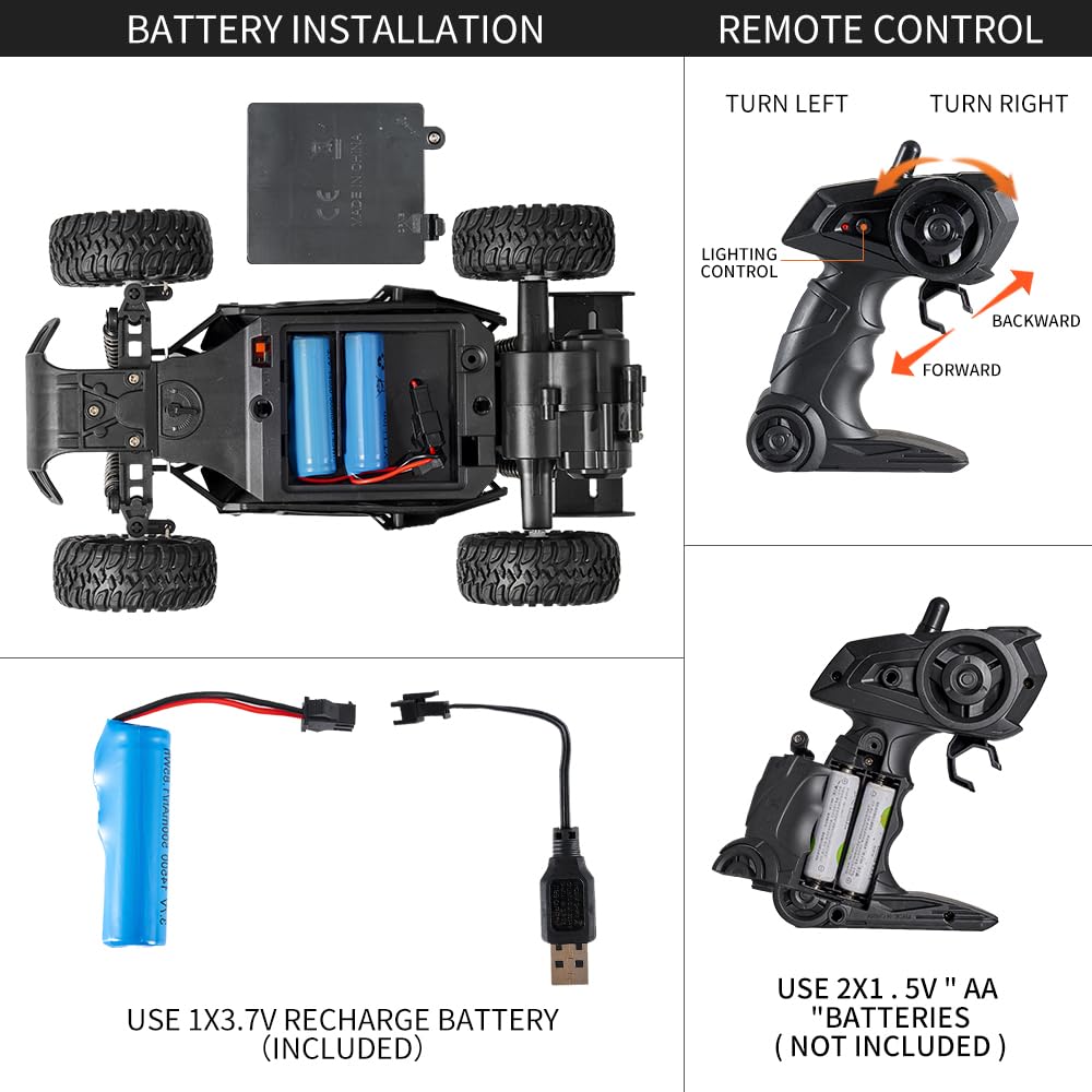 Great-JUNAMT Ferngesteuertes Auto RC-Autos 1:16 Geländewagen Monstertruck LED-Scheinwerfer Outdoor 2WD Offroad Hobby RC 2,4 GHz Auto Spielzeuggeschenk für Kinder Jungen 3 4 5-12